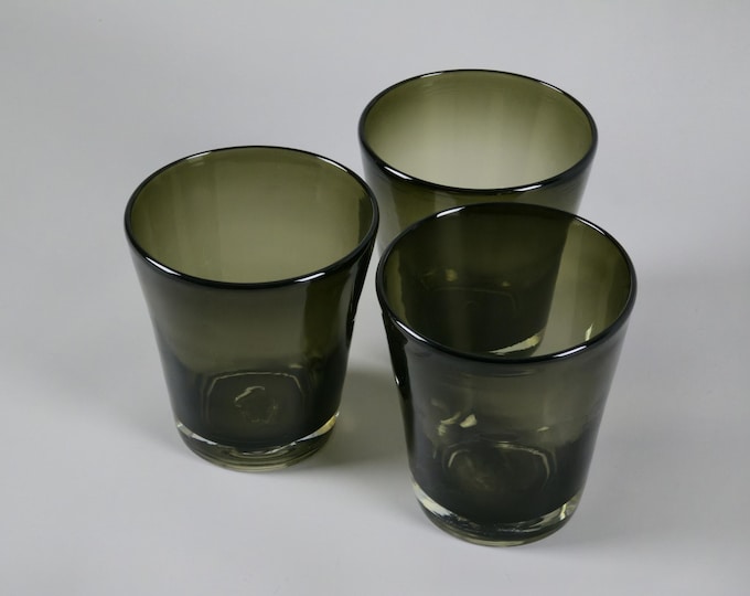 Vintage 1970s Set Of 3 Smoked Olive-Green Glass Tumblers.