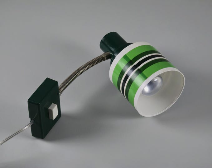 1970s Vintage ELIDUS Type 500-1 Flexible Gooseneck Wall Light With Striped Green Plastic Shade — Swedish Mid-Century Modern Night Light.