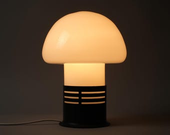 Stockmann Orno Vintage Mushroom Table Lamp, Opaline Glass & Black Base, Finland, 1980s.