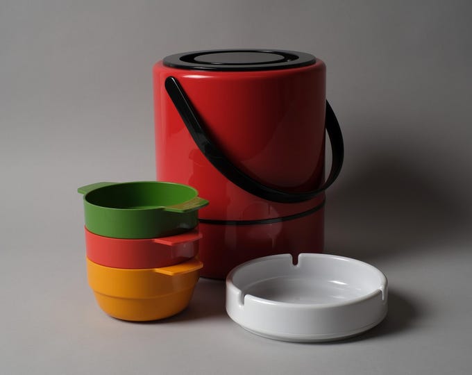 Scaroni Casa Bar Ice Bucket, Helit Zeischegg Ashtray and Plastic Bowls Bundle, NOS, 1970s.