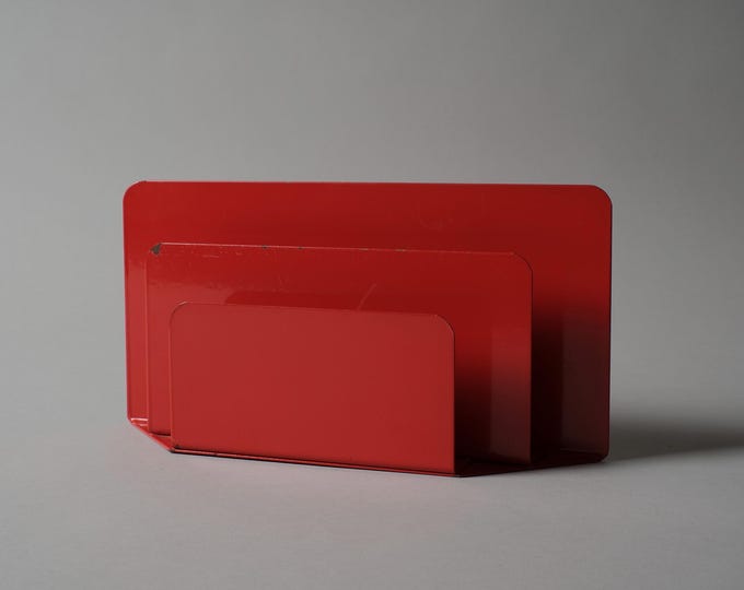 NVF Holland Red Lacquered Steel Letter Holder, Desk Organizer, Dutch MCM Design 1960s.
