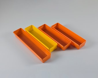 Space Age Design - Set Of 4 Vintage CURVER Orange And Yellow Plastic Drawer Organizer Inserts, Storage Boxes & Bins - Germany, 1970s.