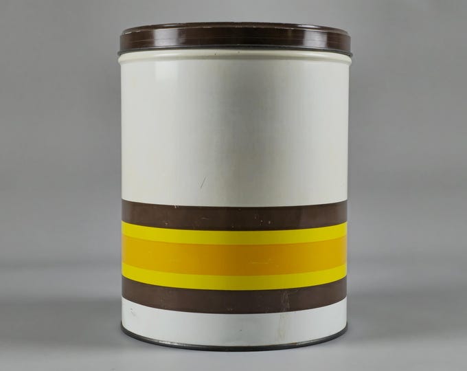 1970s Vintage IMPALA Large Striped Tin Canister - Retro Tin Jar With Brown, Yellow & Orange Stripes.