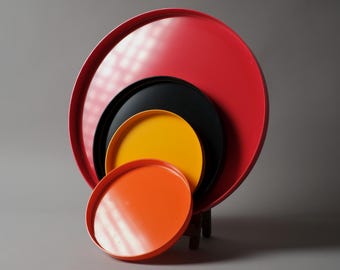 Vintage Set of Four Swedish Round Melamine Trays, Space Age Design, 1970s.