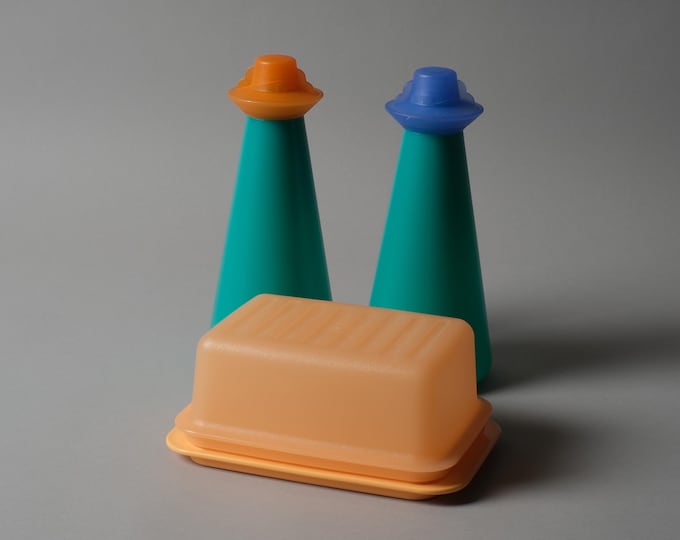 Tupperware Impressions Set of Butter Dish with Oil & Vinegar Bottles, 1980s.