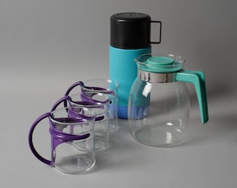 Randwyck Valentino Glass Mugs, Melitta Tea Carafe and Vacuum Flask Bundle, 1980s Vintage.