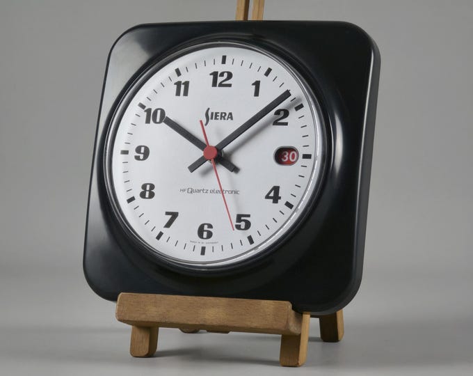 Vintage 1970s SIERA Black Plastic Wall Clock, Quartz Electronic Clock With Date • Retro Home Decor & Accents.