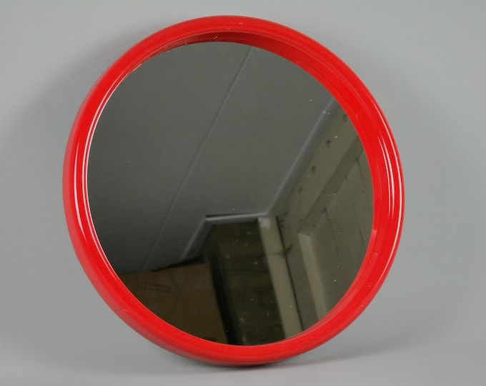 Vintage 1970s Flame-Red Plastic Round Wall Mirror By Finnmirror.