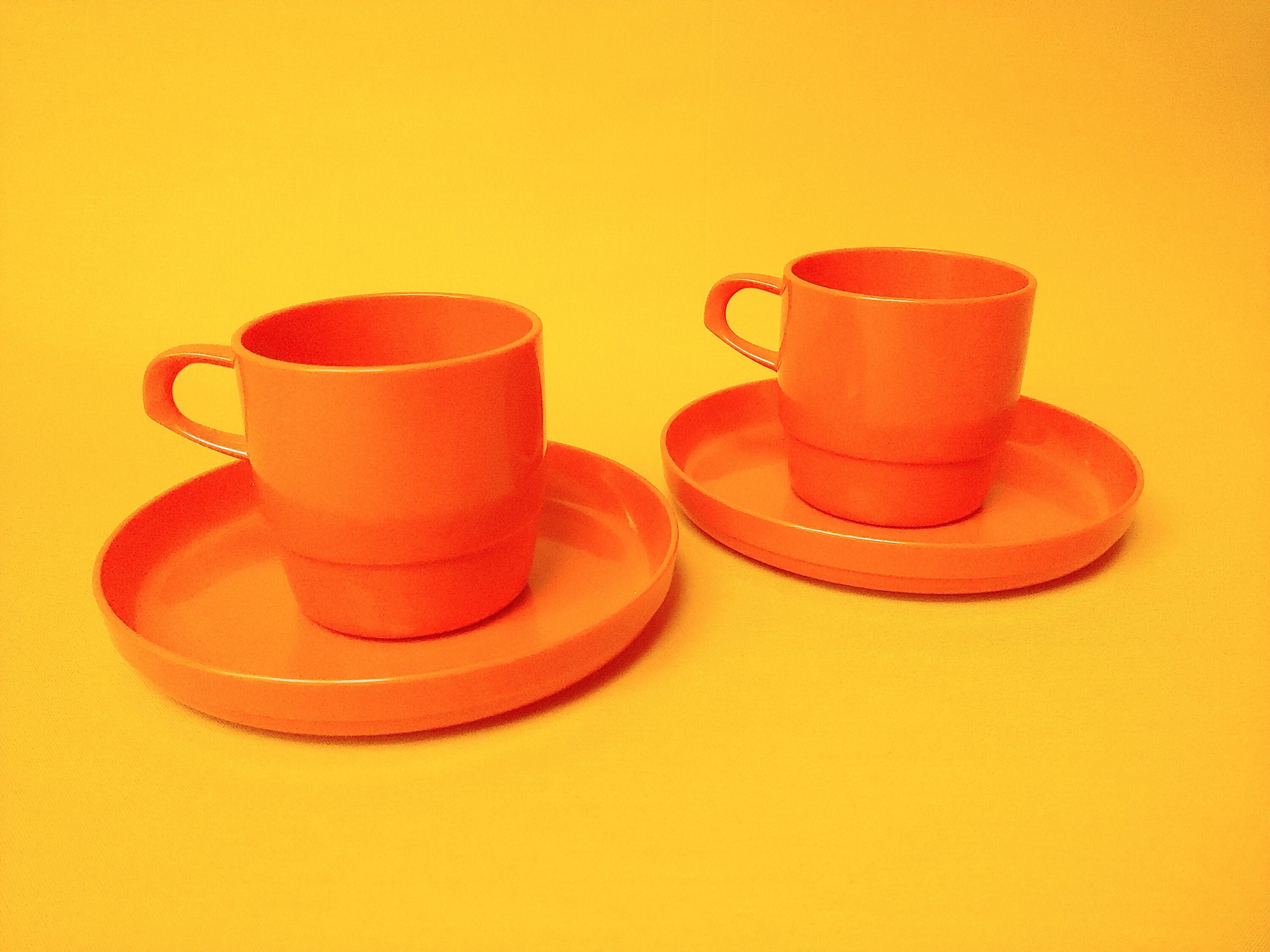 Set Of 2 Vintage MEPAL Orange Plastic Teacups & Saucers - Retro Coffee