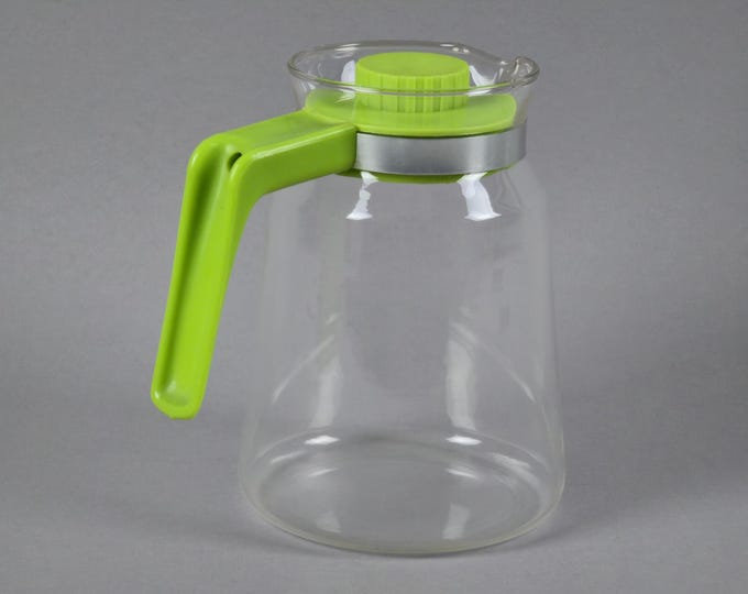 Vintage 1980s Jenaer Glass Coffee & Tea Carafe With Green Plastic Handle.