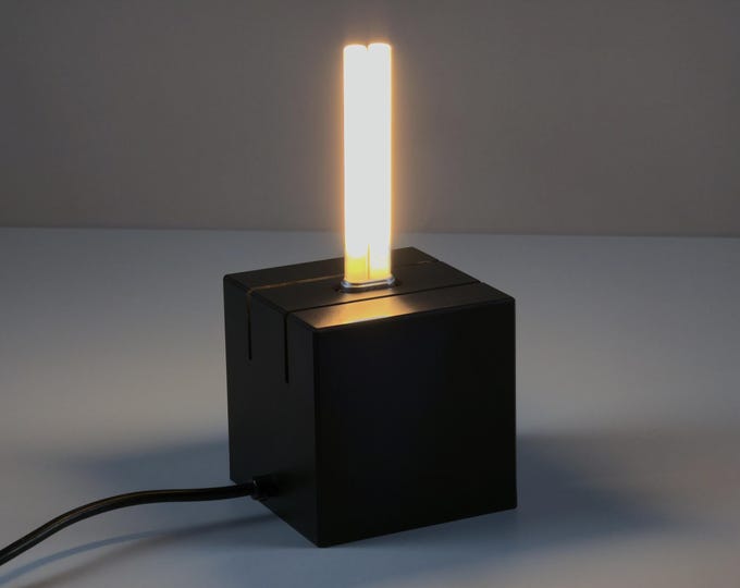 Vintage 1990s Minimalist Plastic Cube Table Lamp With Tube Light • Retro Conceptual Table Light.