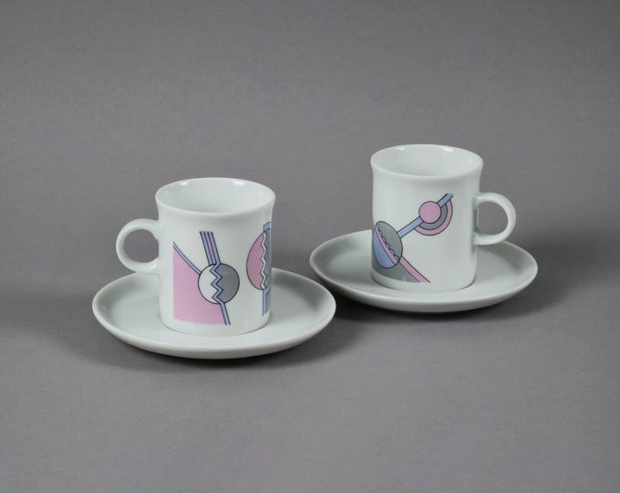 Vintage 1980s Eversberg Set Of 2 Postmodern Cups With Saucers, Memphis Style.