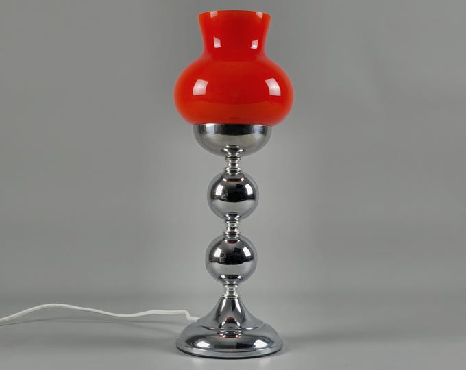 1970s Vintage Bergdala Table Lamp – Orange Glass Shade & Chrome Stacked Sphere Base – Swedish Space Age Lighting.