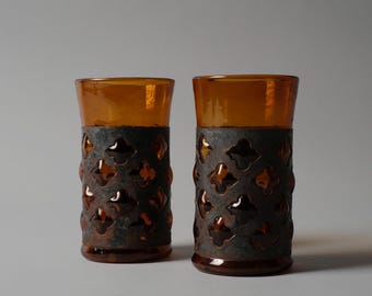 Pair of Felipe Derflingher “Imprisoned” Amber Glass Tumblers, 1960s Mexican Brutalist Design.