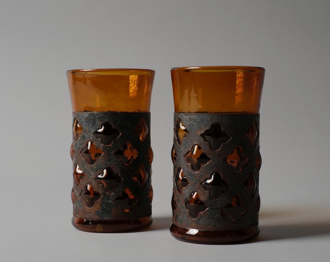 Pair of Felipe Derflingher “Imprisoned” Amber Glass Tumblers, 1960s Mexican Brutalist Design.