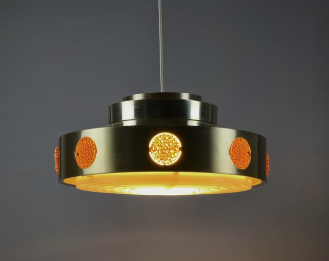 Vintage 1960s VITRIKA Scandinavian Brass Pendant Lamp With Louvered Diffuser.