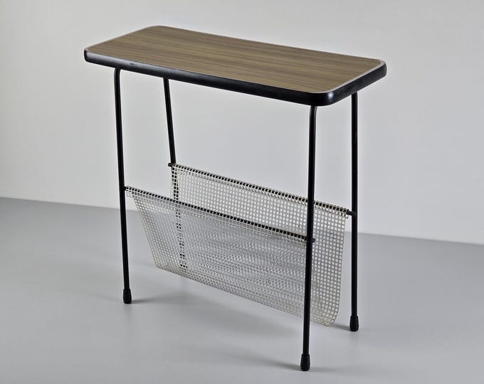Mid-Century Modern - Vintage Side Table With Perforated Storage Shelf, Magazine Rack - Modernist Pilastro Style Table - Holland, 1960s.