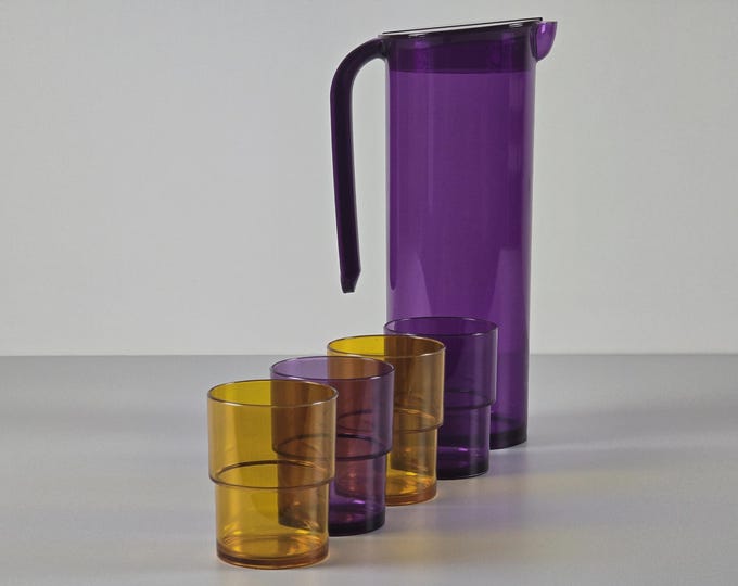 1990s Vintage Set Of 4 Translucent Acrylic Cups With Pitcher - Modern Minimalist Serving Set - Holland.