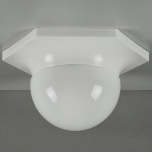 Vintage 1980s W.L.P Ceiling Or Wall Light Fixture With White Plastic Base And Opaline Glass Hemisphere Shade.