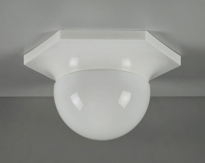 Vintage 1980s W.L.P Ceiling Or Wall Light Fixture With White Plastic Base And Opaline Glass Hemisphere Shade.