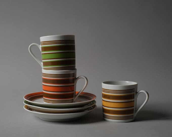 1970s Set Of 3 Mitterteich Bavaria Striped Cups With Saucers | German Space Age Design.