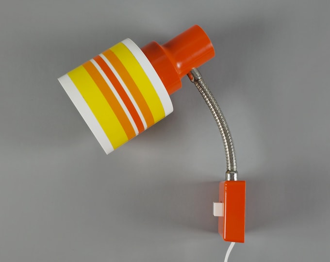 Vintage 1970s ELIDUS Type 500-1 Flexible Wall Light With Striped Orange & Yellow Plastic Shade • Swedish Mid-Century Modern Night Light.