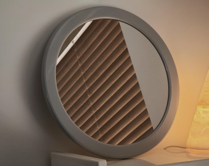 1970s Space Age Design Vintage Round Wall Mirror With Grey Plastic Frame — Retro Home Accessories.