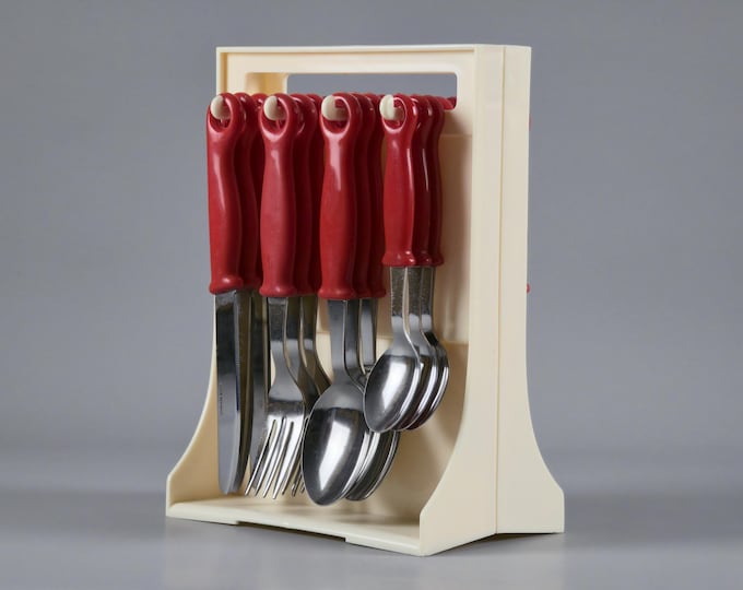 New In Box 1980s Vintage SUNNEX Bistro Cutlery Set With Napkin Holder & Stand • Retro Space Age Serveware.