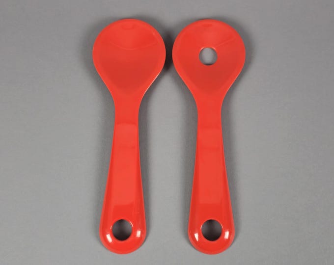 Vintage Pair Of IKEA Red Melamine Salad Server Spoons.