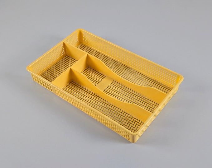 Vintage 1970s Yellow Perforated Plastic Drawer Organizer Insert, Cutlery Caddy • Retro Kitchen Accessories.
