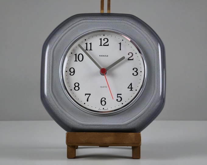 1980s Vintage KIENZLE Grey Glazed Ceramic Wall Clock • West Germany Octagonal Wall Clock.