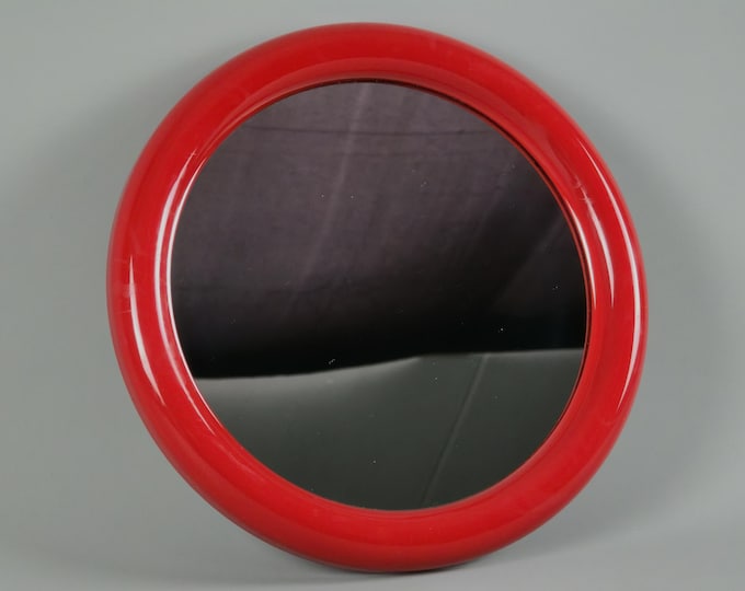 Vintage 1970s Red Plastic Round Wall Mirror.