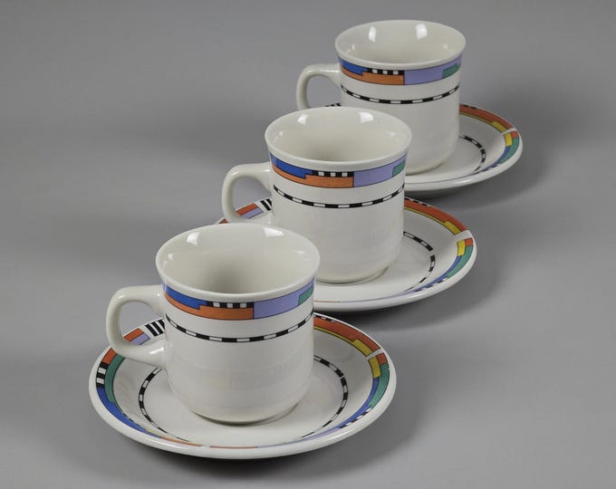 Vintage 1980s Set Of 3 Postmodern Cups With Saucers, Memphis Style.