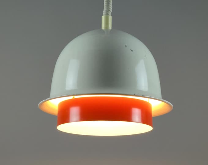 Scandinavian Modern • Vintage Dome-Shaped Pendant Lamp With Orange Disc, Rise & Fall Mechanism • Retro Industrial Lamp - Holland, 1970s.