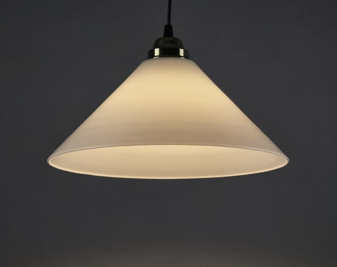Vintage 1980s Pendant Lamp With Opaline Glass Conical Shade • Industrial Workshop-Style Hanging Light.