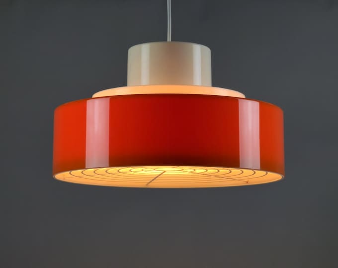 Vintage 1970s Scandinavian Modern Orange Plastic Pendant Lamp • Space Age Design Pendant Light.