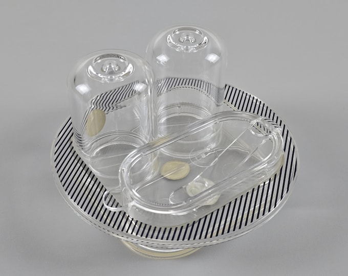 New In Box 1970s Vintage GUZZINI Pomona Cruet Set, Salt & Pepper Shakers With Sauce Bowl By Ambrogio Pozzi • Retro Italian Serveware.