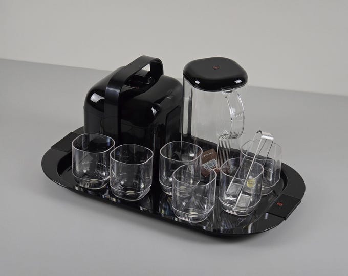 New In Box - Space Age Design - Rare Vintage GUZZINI Amanda Drink Set, Tray, Ice Bucket, Glasses & Pitcher By Ambrogio Pozzi, 1970s.