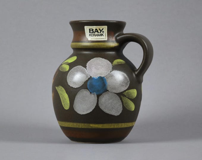 Vintage 1970s Bay Keramiek Handmade Stoneware Vase With Floral Design.