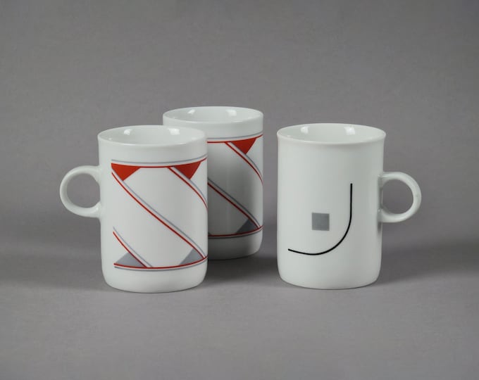 Vintage 1980s Eversberg Set Of 3 Postmodern Ceramic Mugs.