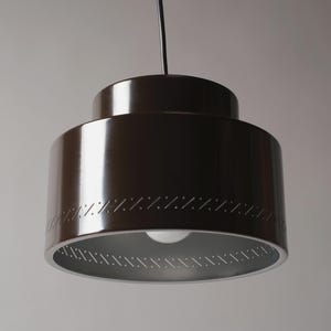 Vintage Scandinavian Brown Aluminum Pendant Lamp, 1970s Perforated Mid-Century Modern Accent Light.