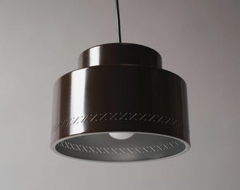 Vintage Scandinavian Brown Aluminum Pendant Lamp, 1970s Perforated Mid-Century Modern Accent Light.