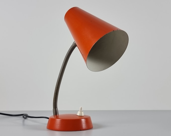 1960s Vintage Orange Metal Gooseneck Table Lamp — Dutch Mid-Century Modern Desk Light.