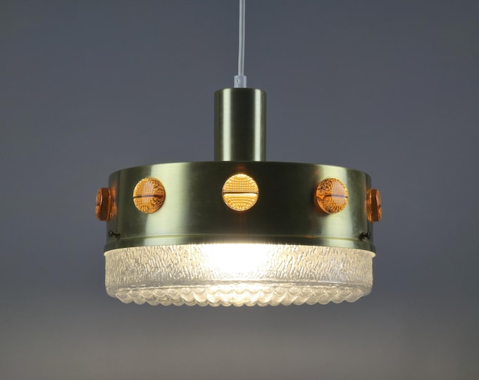 1960s Danish Mid Century Modern Brass Pendant Lamp With Glass Diffuser.