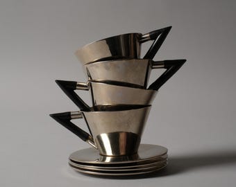 Set of Four Art Deco Handmade Stainless Steel Espresso Cups with Saucers, 1960s.