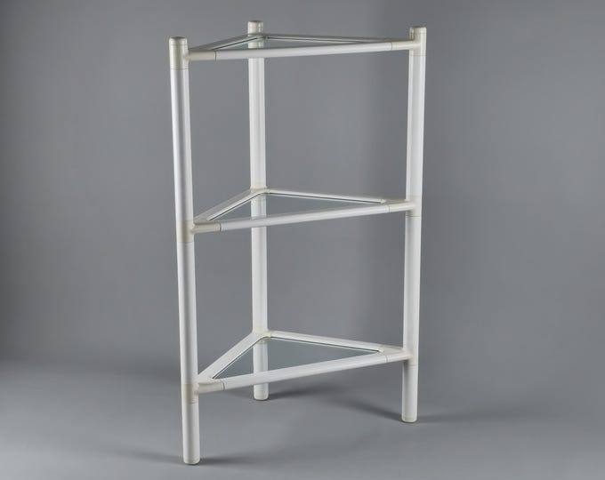 Postmodern Design - Vintage 1980s Corner Console Shelf – White Tubular Frame with Glass Shelves – Retro Home Decor – Holland.