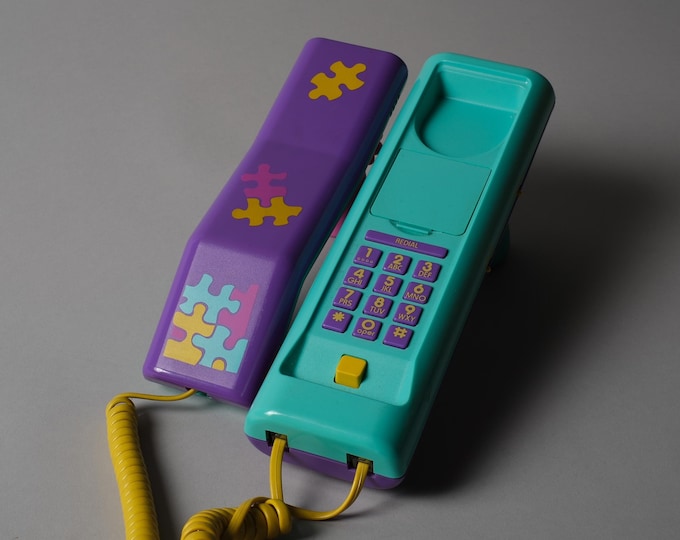 Swatch Twin Phone from 1989, Memphis Design, Limited Edition Purple, Teal and Yellow.