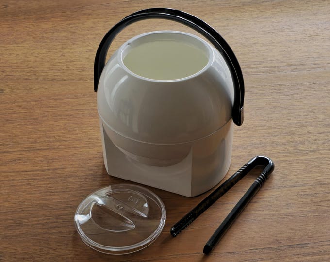New In Box 1970s Vintage BIESSE Rainbow Plastic Ice Bucket With Clamp & Lid By Maria Grazia Fiocco • Italian Space Age Design Barware.