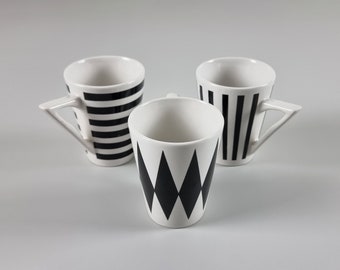 Diseño posmoderno - Juego de 3 tazas de cerámica vintage en blanco y negro - Vajilla retro para café y té - Holanda, años 80.