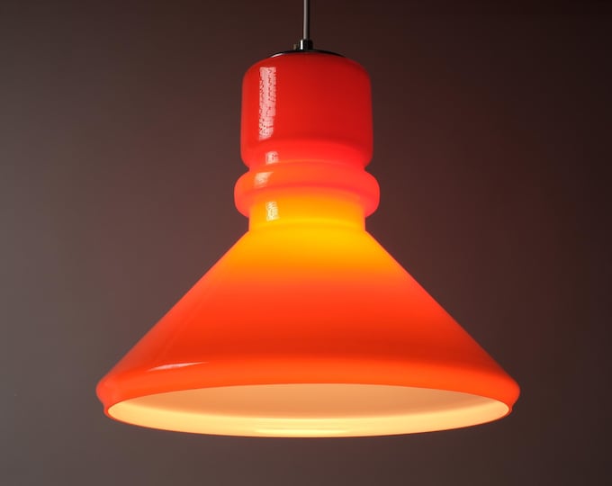 Swedish Orange Glass & Opaline Pendant Lamp, 1970s Scandinavian Modern Lighting.